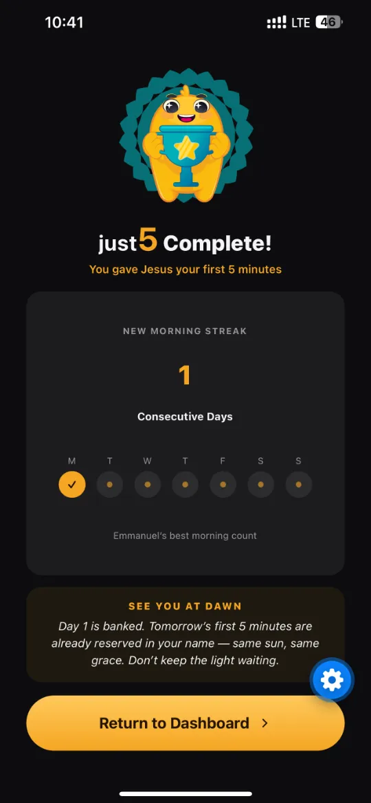 The just5 completion screen